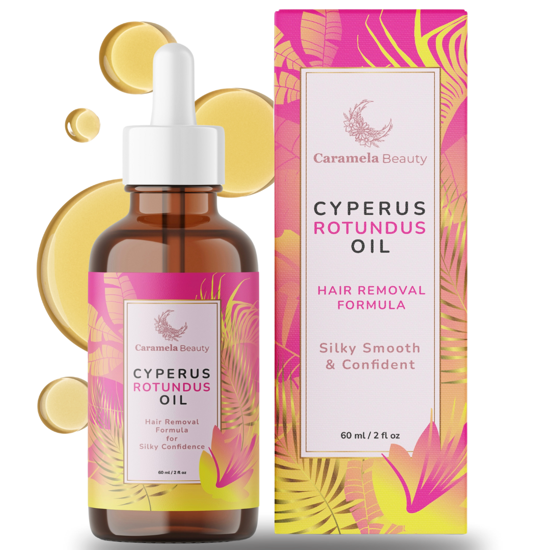 Caramel Beauty Cyperus Rotundus Oil bottle and packaging on a white background
