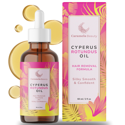 Caramel Beauty Cyperus Rotundus Oil bottle and packaging on a white background