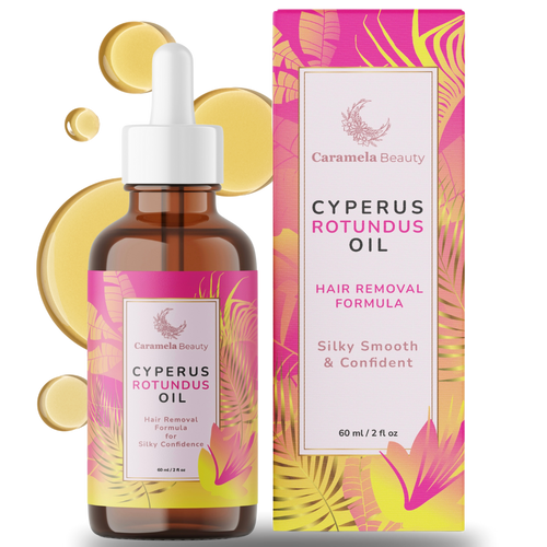 Caramel Beauty Cyperus Rotundus Oil bottle and packaging on a white background