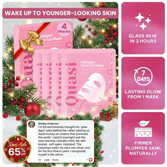Quasi Collagen Glow Up Mask packaging with Christmas-themed background and promotional text.